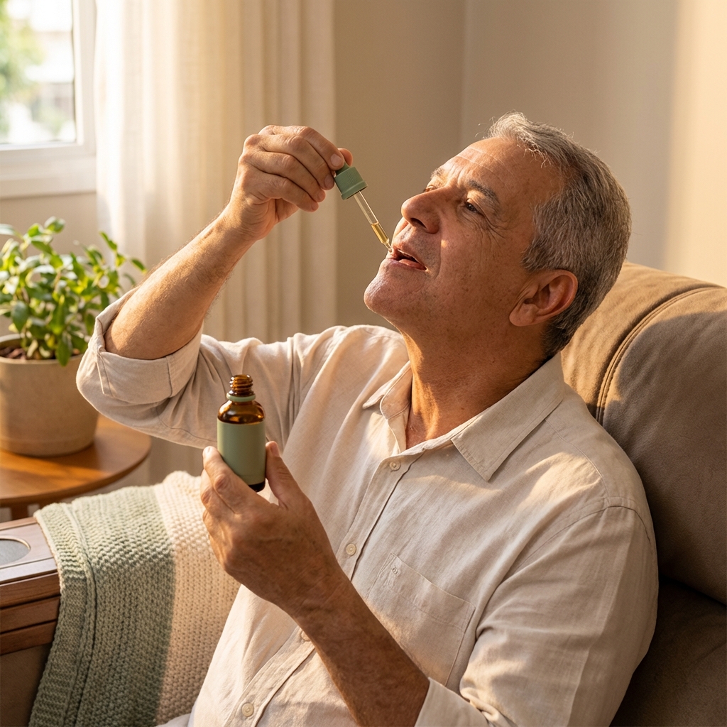 Idoso pingando óleo na boca - alívio e esperança