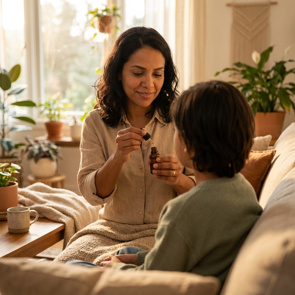 Mãe administrando óleo para filho - cuidado maternal